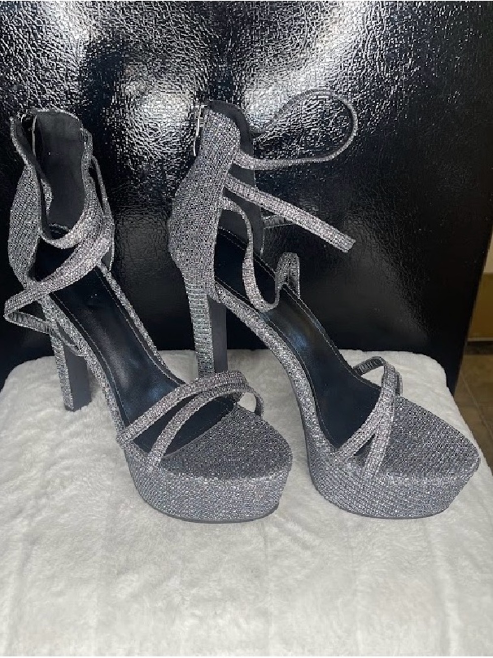 Women's Sparkle Platform Ankle-Tie Heels - Silver